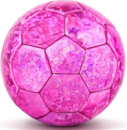 DLUGOPIS sparkling pink toddler soccer ball size 2 front view showing holographic glitter texture.