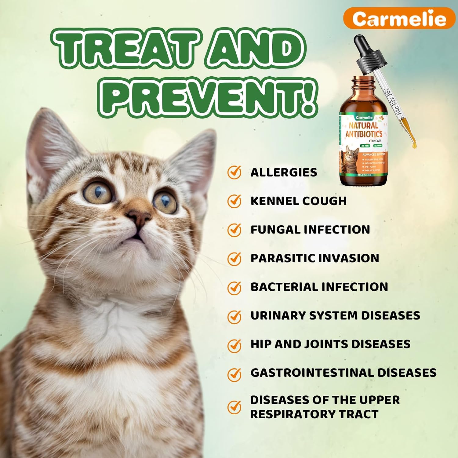Authentic Carmelie liquid pet supplement bottle for holistic cat care