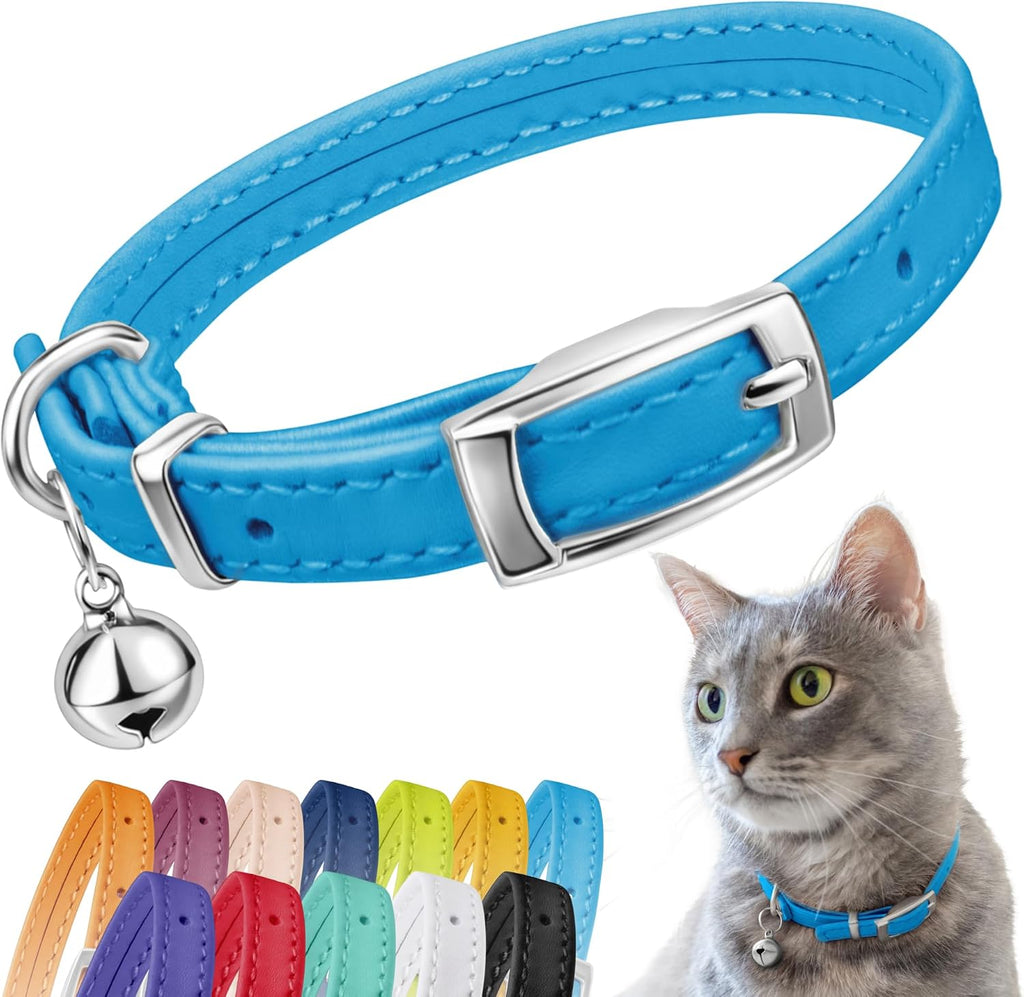 CollarDirect leather cat collar front view in light blue color with silver metal bell
