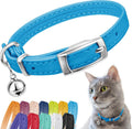 CollarDirect leather cat collar front view in light blue color with silver metal bell