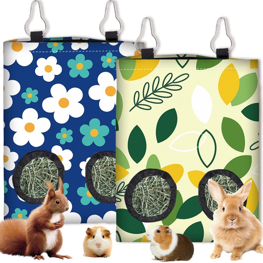 2Pcs 2 Styles Small Pet Hanging Hay Bag Pink Hay Feeder Bag with 2 Holes Bowknot Pattern Cloth Washable Rectangle Feeding Storage for Rabbit Chinchillas Hamsters Guinea Pigs 12 x 9 Inch - Image 9