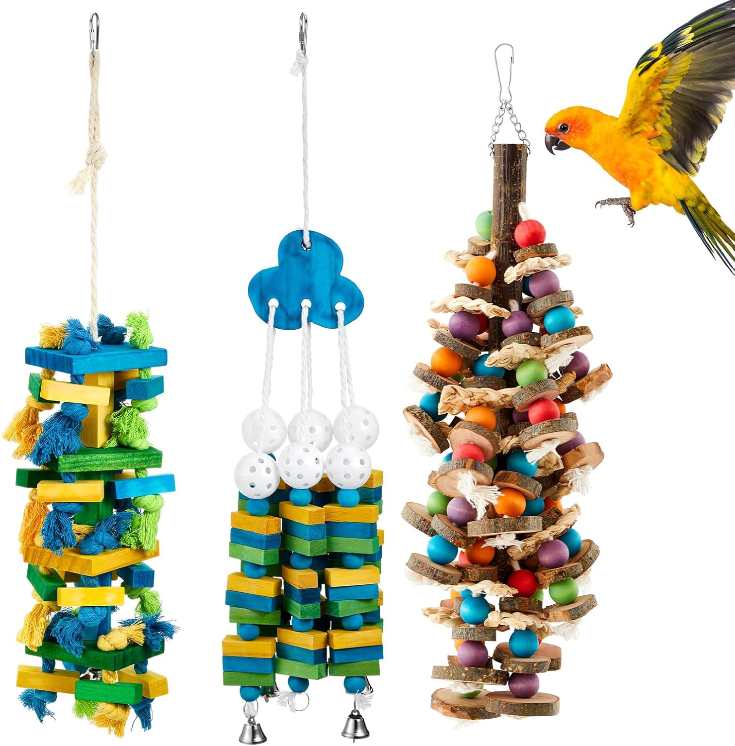 Seenelling 4 Pcs Extra Large Bird Parrot Toy Multicolored Natural Wooden Parrot Cage Chewing Toys for Large Medium Macaws Cockatoos African Grey Birds (Block and Ball) - Image 10