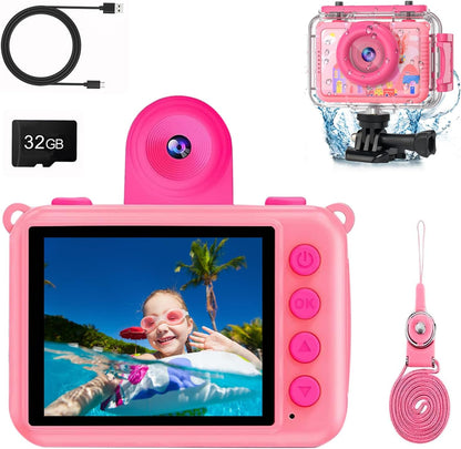 PROGRACE Kids Digital Waterproof Camera pink front view inside protective housing