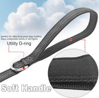 Mycicy black pet leash showing high visibility dual reflective stitching in low light.