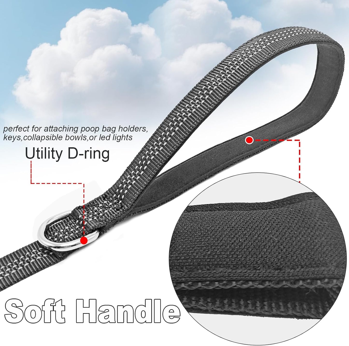 Mycicy black pet leash showing high visibility dual reflective stitching in low light.