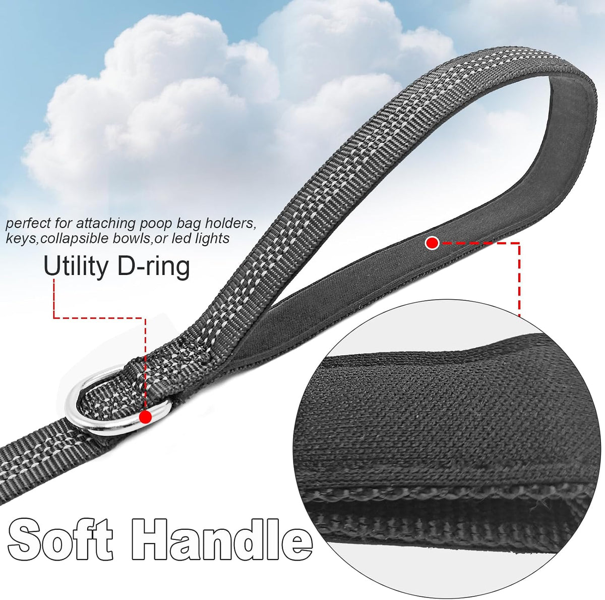 Mycicy black pet leash showing high visibility dual reflective stitching in low light.