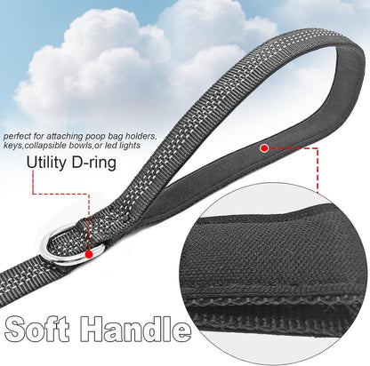 Mycicy black pet leash showing high visibility dual reflective stitching in low light.
