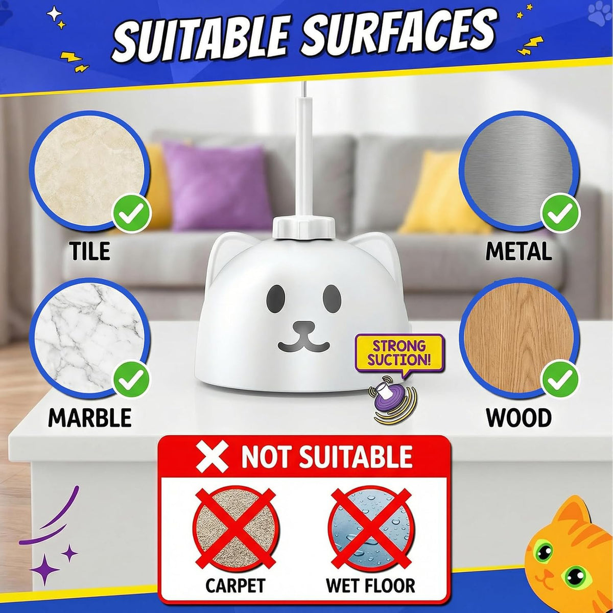 Smart power saving electric pet toy with automatic sleep mode installed on smooth marble flooring.