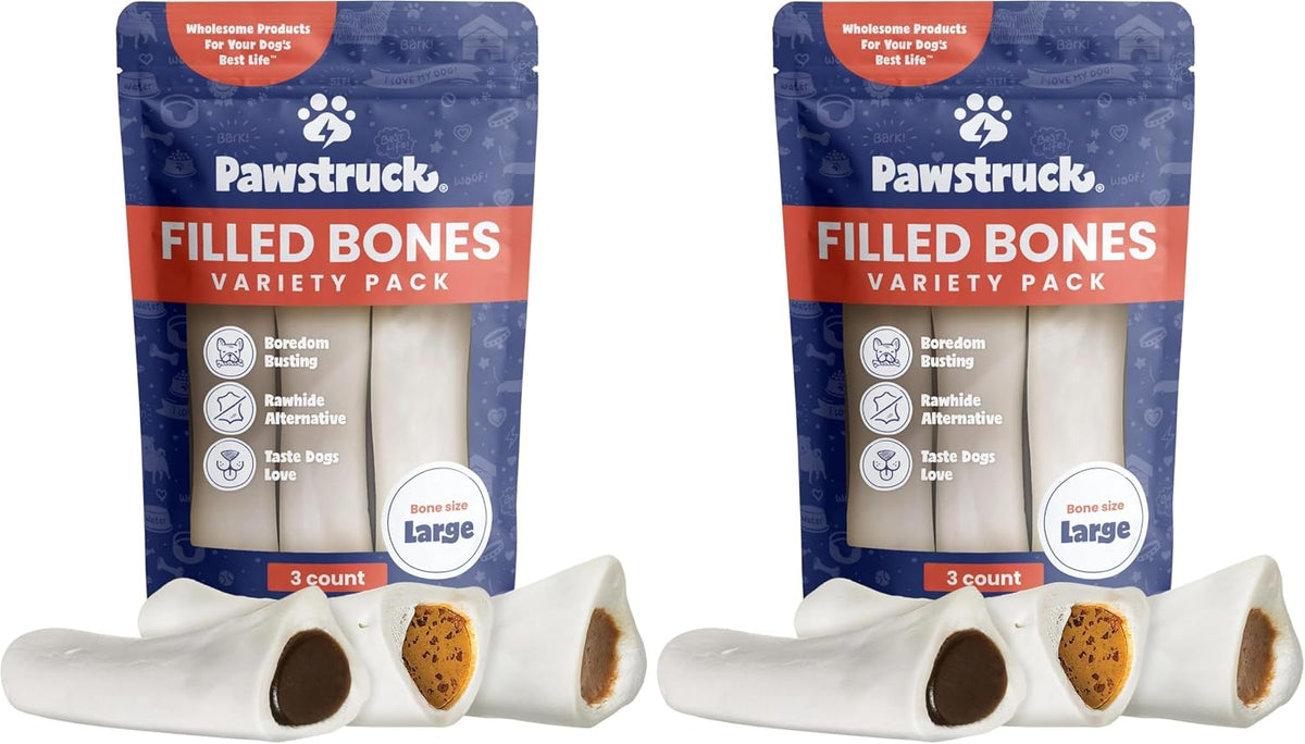 Pawstruck Large 5-6" Filled Dog Bones Variety Pack - Peanut Butter, Cheese & Bacon, Beef Flavors - Made in USA, Long Lasting Stuffed Femur Treat for Aggressive Chewers - Pack of 3, Packaging May Vary - Image 14
