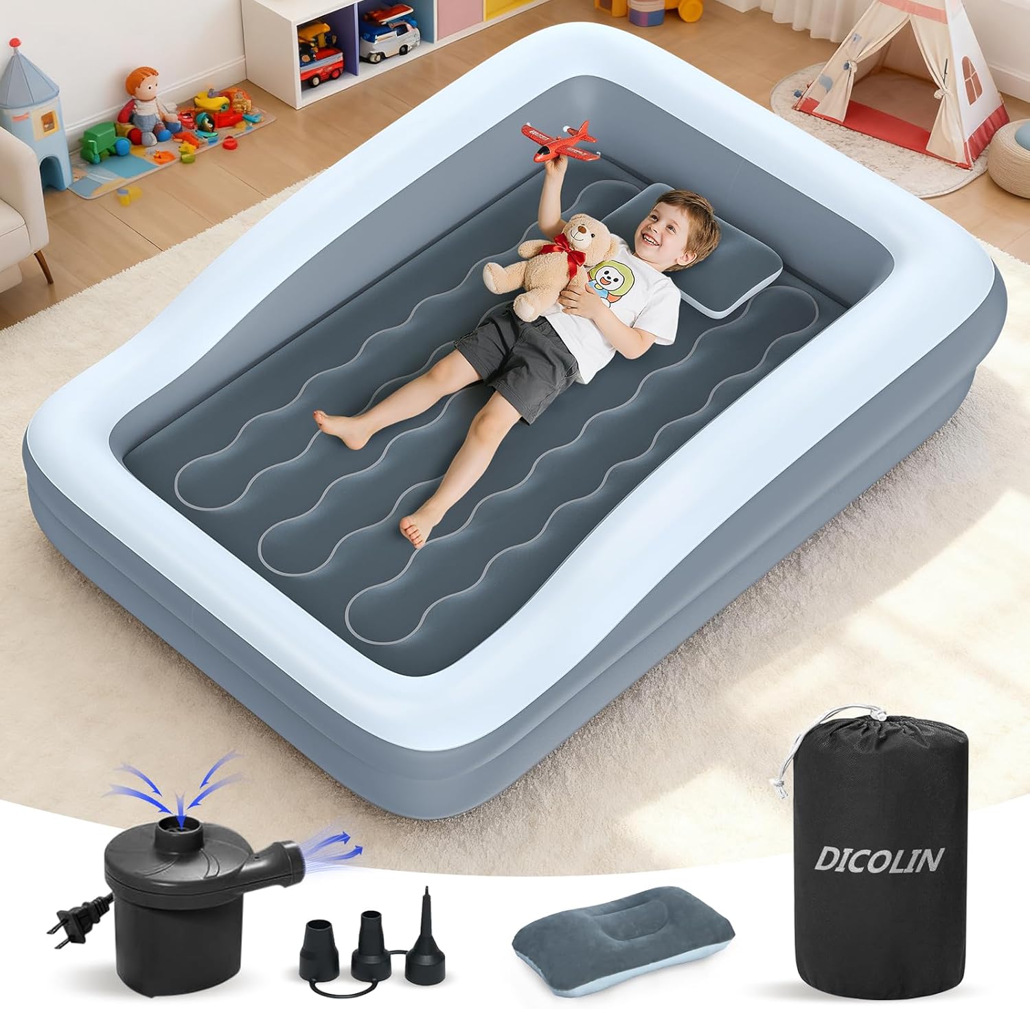Dicolin inflatable toddler travel bed front view with safety sides inflation pump