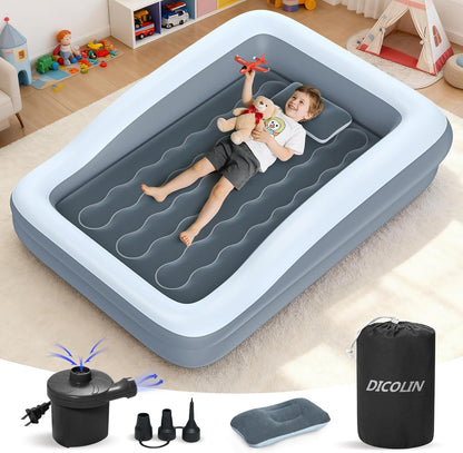 Dicolin inflatable toddler travel bed front view with safety sides inflation pump