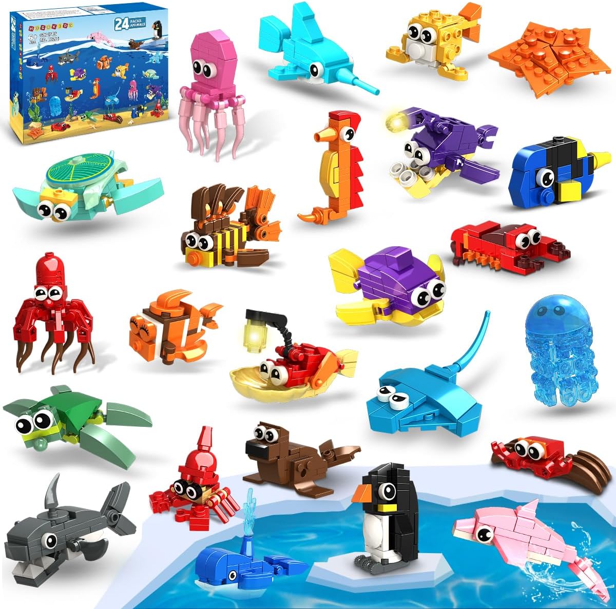 HOGOKIDS 24 Pack Marine Animals Building Blocks Toy box front view featuring vibrant ocean themed mini figures.