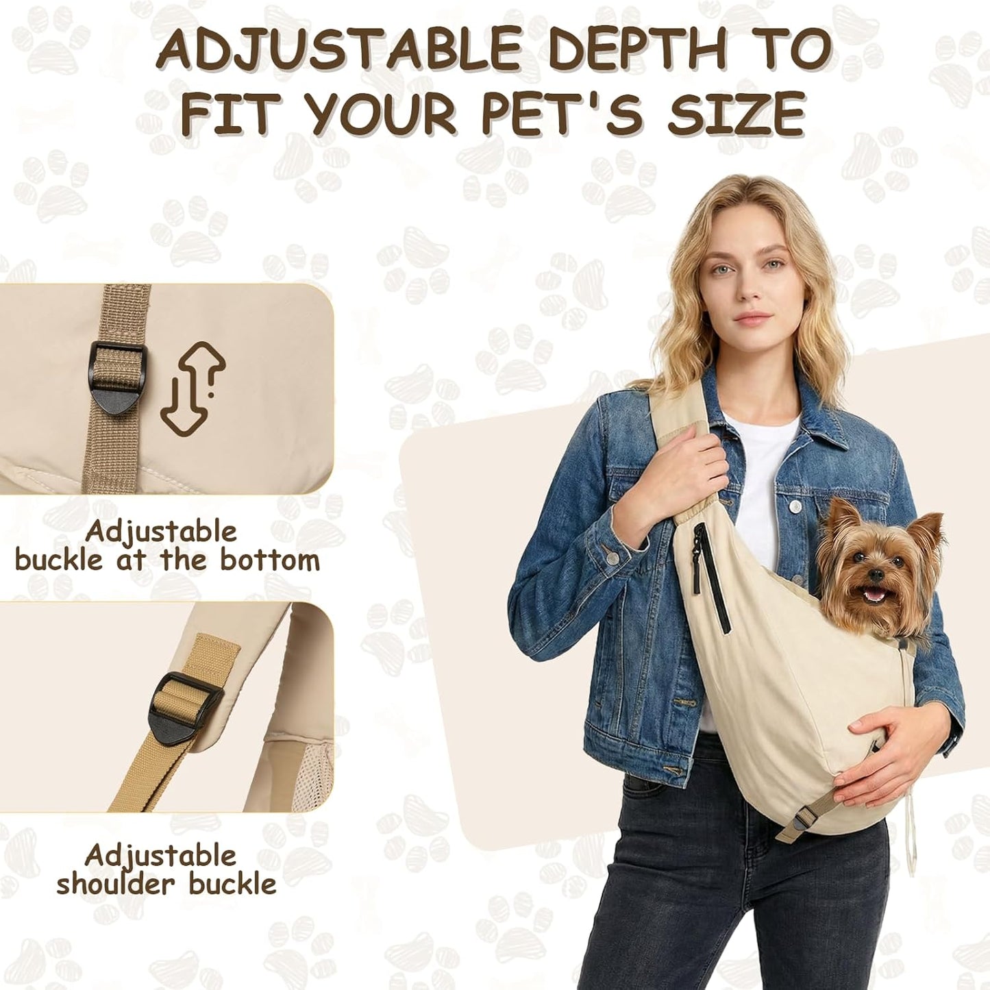 Small dog sitting inside beige pet sling carrier
