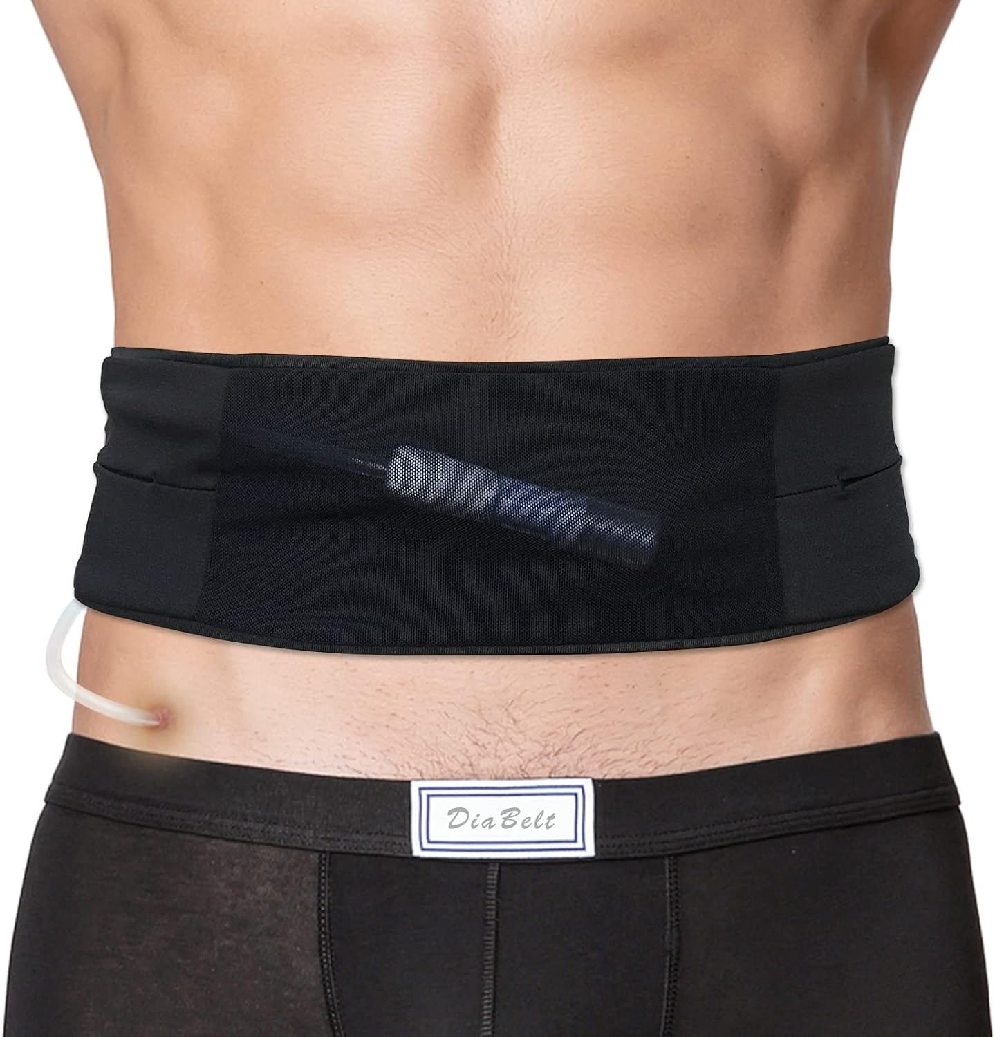 DiaBelt peritoneal dialysis belt front view showcasing the black stretch fabric and secure mesh pouch.