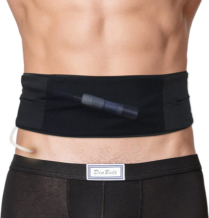 DiaBelt peritoneal dialysis belt front view showcasing the black stretch fabric and secure mesh pouch.