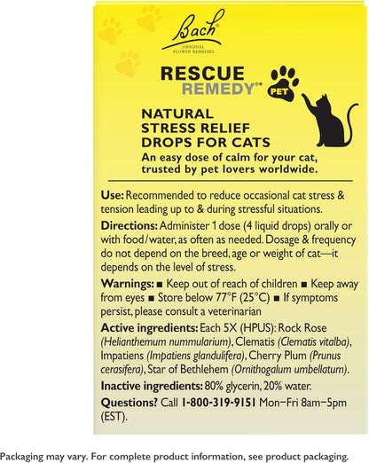 Alcohol free Bach Rescue Remedy dropper bottle for travel and vet anxiety.