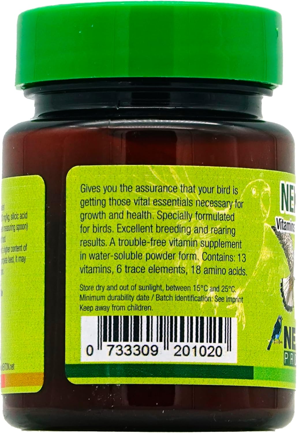 Authentic Nekton-S bird dietary supplement displaying usage directions for water and soft food mixing
