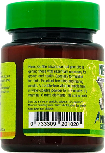 Authentic Nekton-S bird dietary supplement displaying usage directions for water and soft food mixing