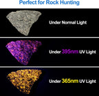 Vansky blacklight flashlight revealing fluorescent minerals and glowing rocks during outdoor hunting.