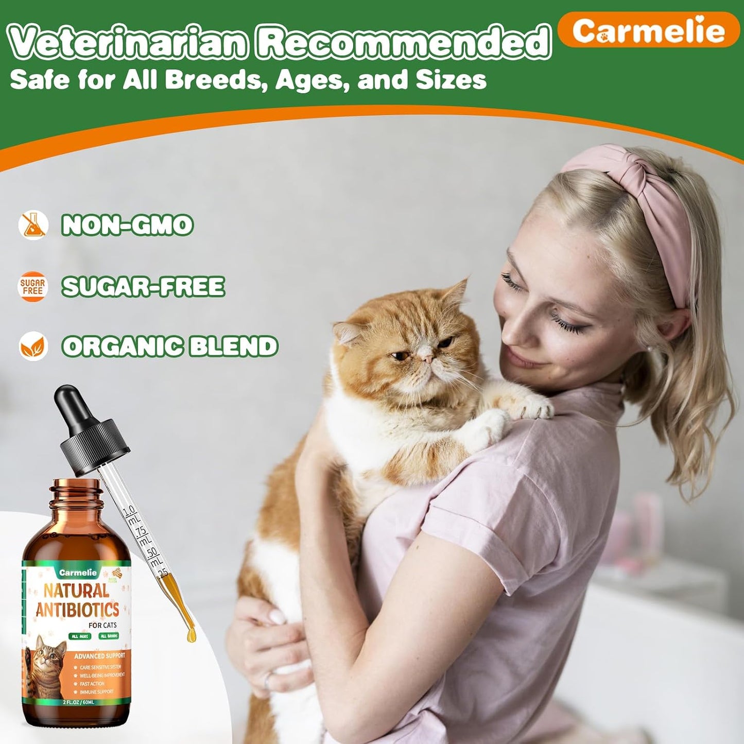 Carmelie feline urinary health liquid drops showing daily dosage instructions