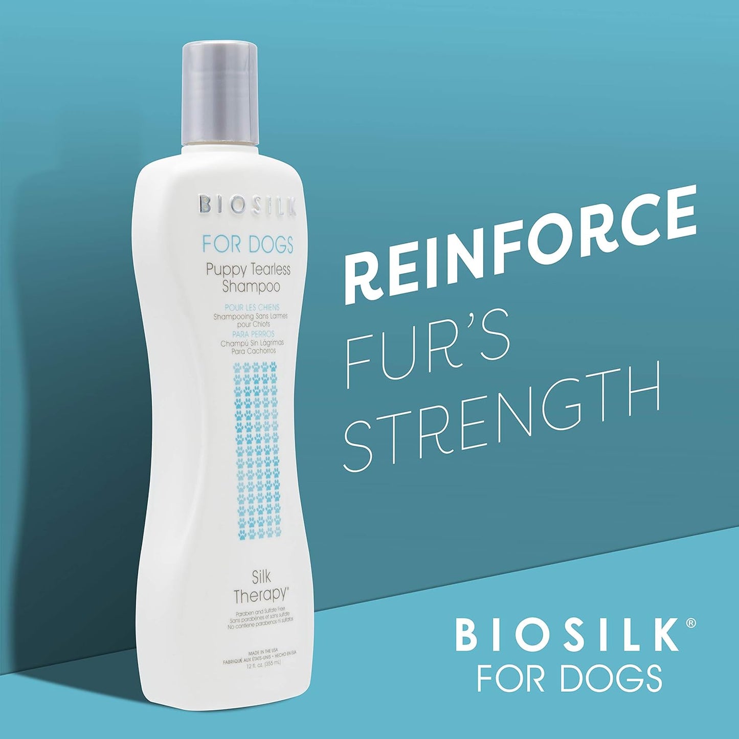 Side profile of BioSilk for Dogs Puppy Tearless Shampoo 355 milliliter packaging