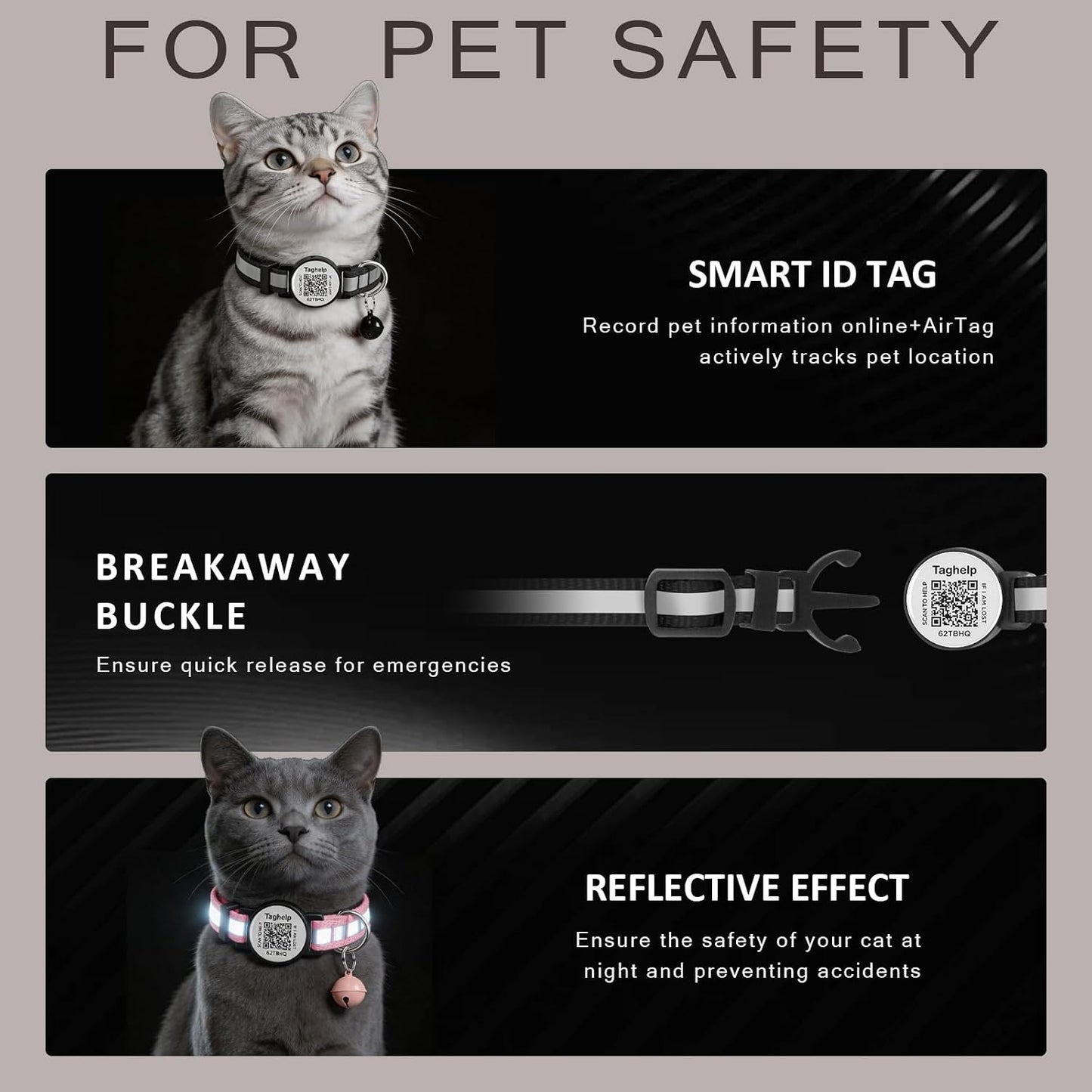 Reflective strip visibility on a blue breakaway kitten collar at night.