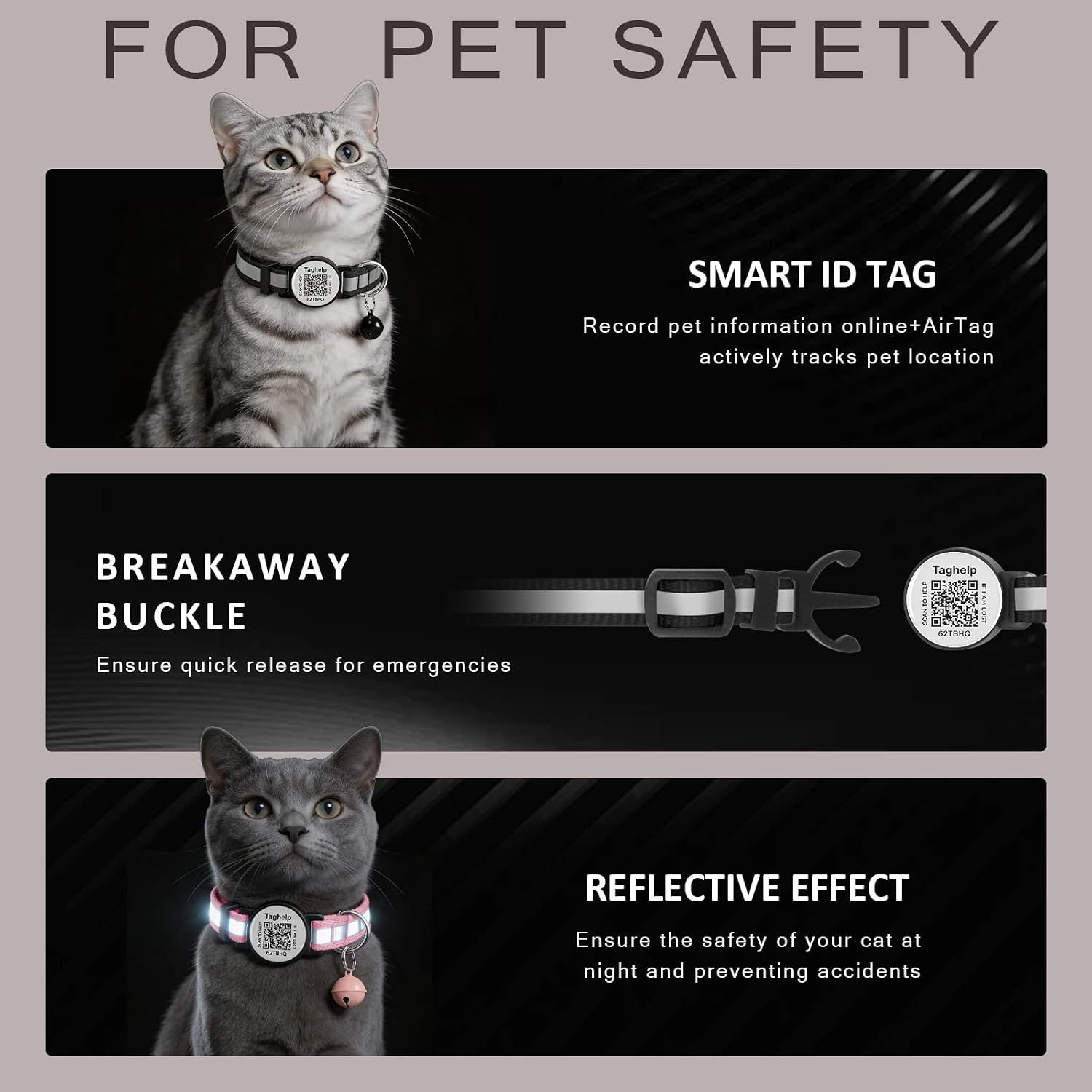 Reflective strip visibility on a blue breakaway kitten collar at night.