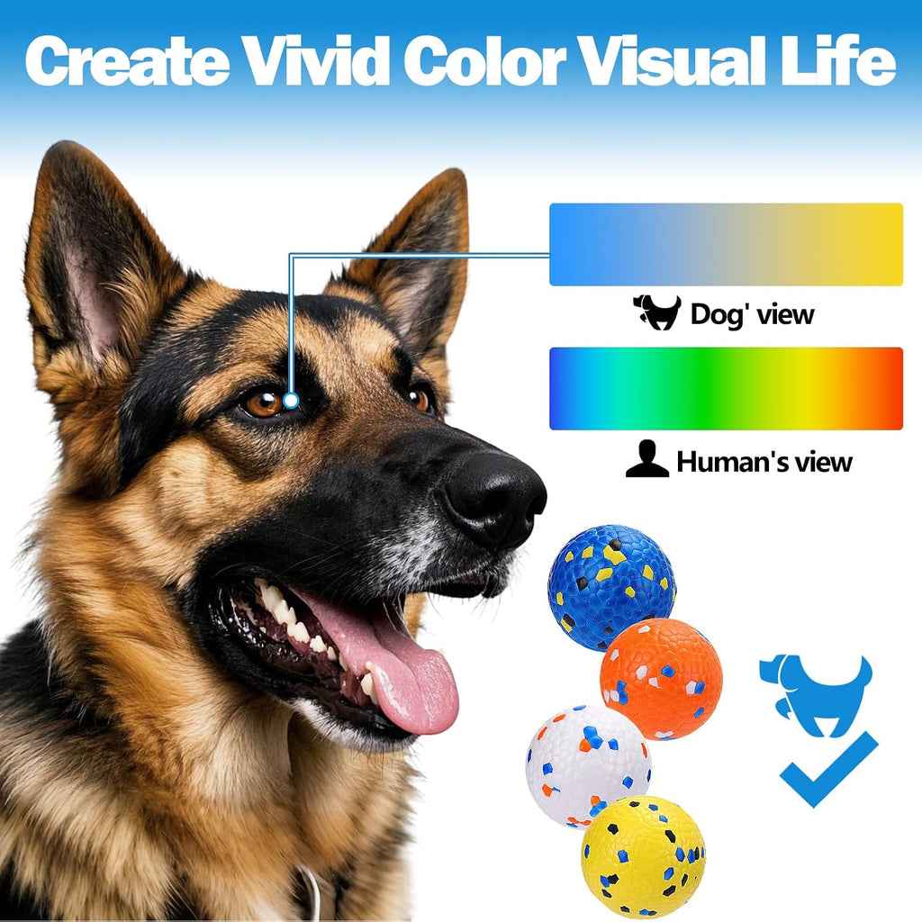 Four colorful Mity Rain fetch balls for dogs