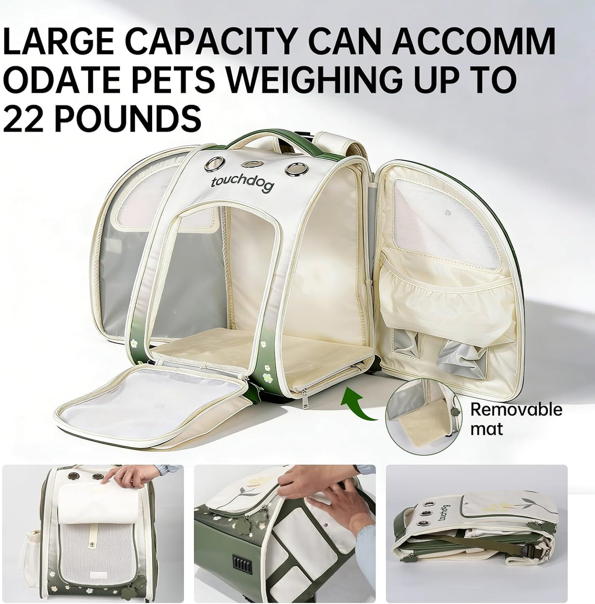 Touchdog collapsible cat travel bag back view detailing the wide padded shoulder straps and adjustable chest strap.