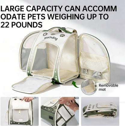 Touchdog collapsible cat travel bag back view detailing the wide padded shoulder straps and adjustable chest strap.