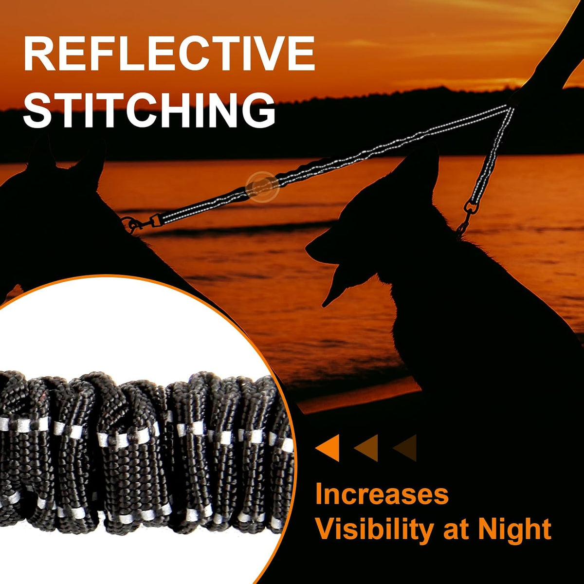 Reflective stitching safety feature on MingXpets dual dog leash