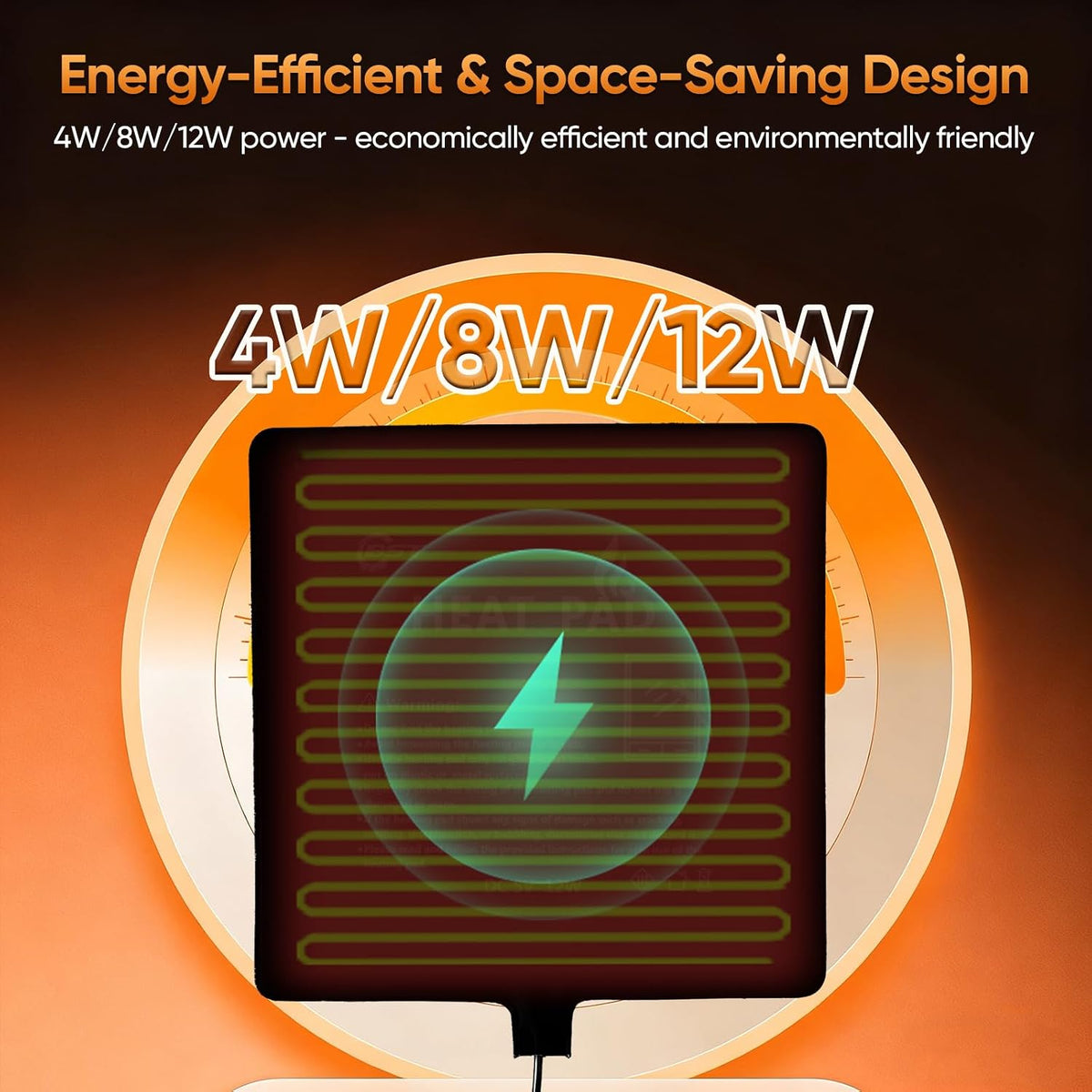 Energy efficient five volt reptile habitat warmer emphasizing the safe overheat protection feature.