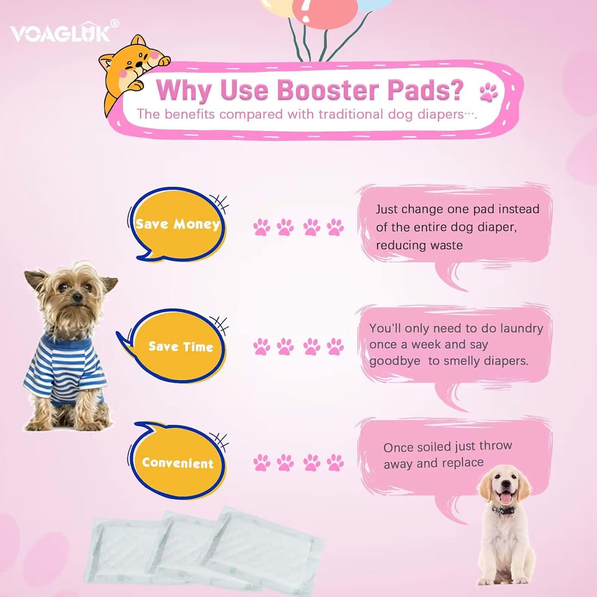 VoagLuk disposable dog diaper inserts regular size pack showing quick dry surface