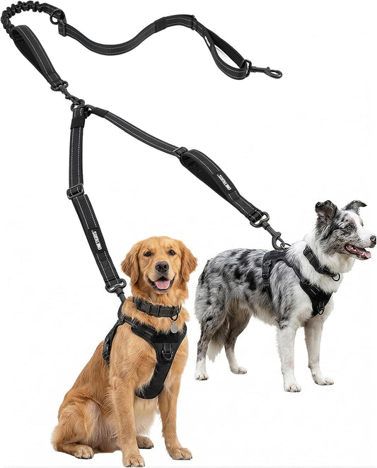 OneTigris Double Dog Leash front view showing the dual bungee layout and premium hardware for walking two pets.