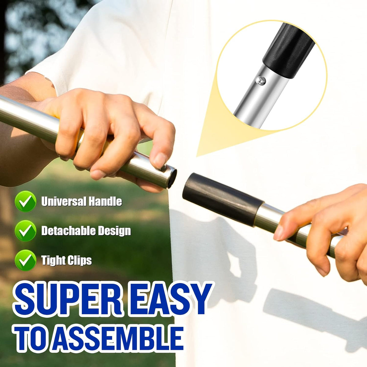 Heavy duty metal dog poop scoop set being used on outdoor garden grass for clean up.