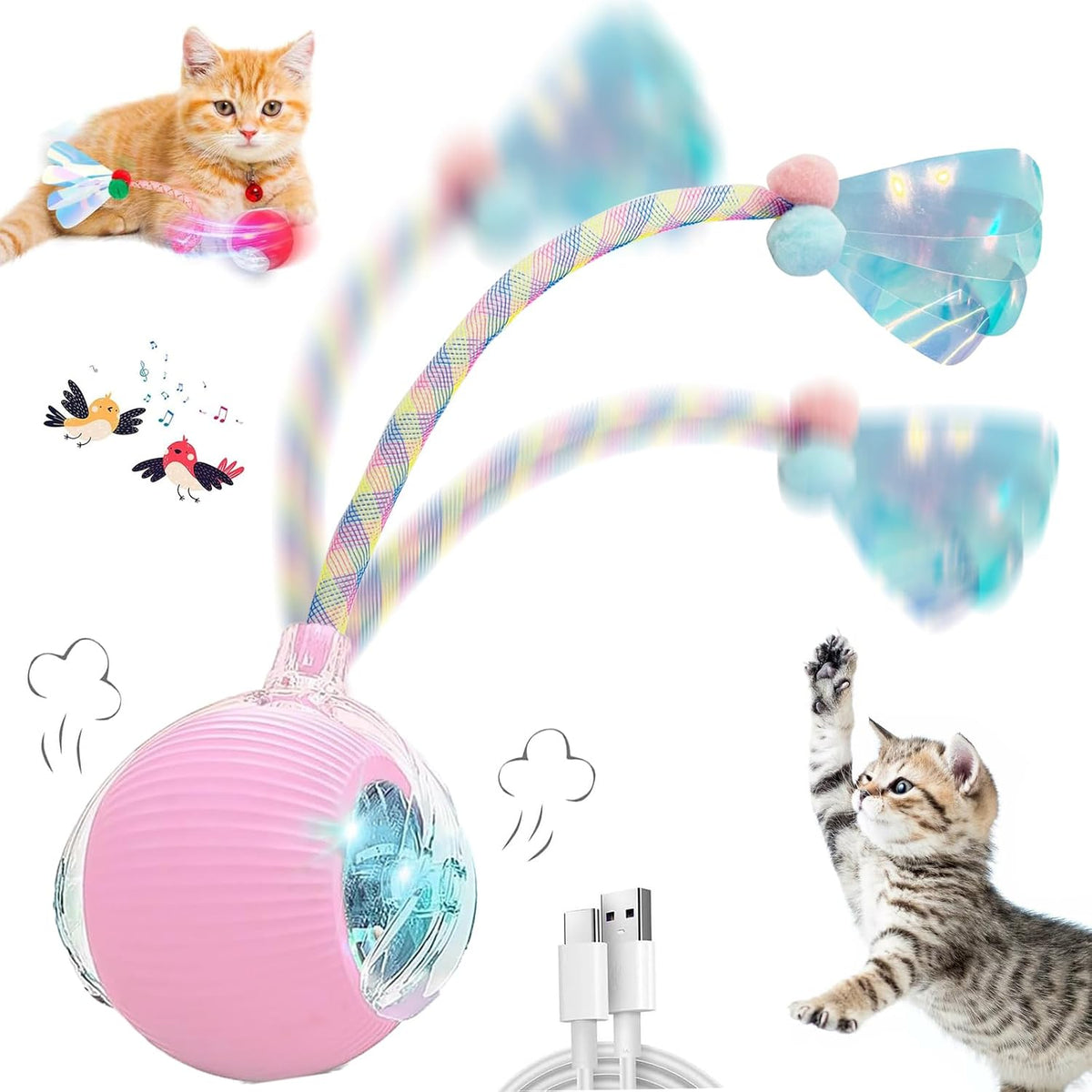Speedy 2.0 Tail 2 Packs Interactive Cat Toys for Indoor Cats, Automatic Cat Toy with Elastic Mesh Tail, Electric Rolling Ball on Carpet, Chirping and Motion Activate Cat - Image 11