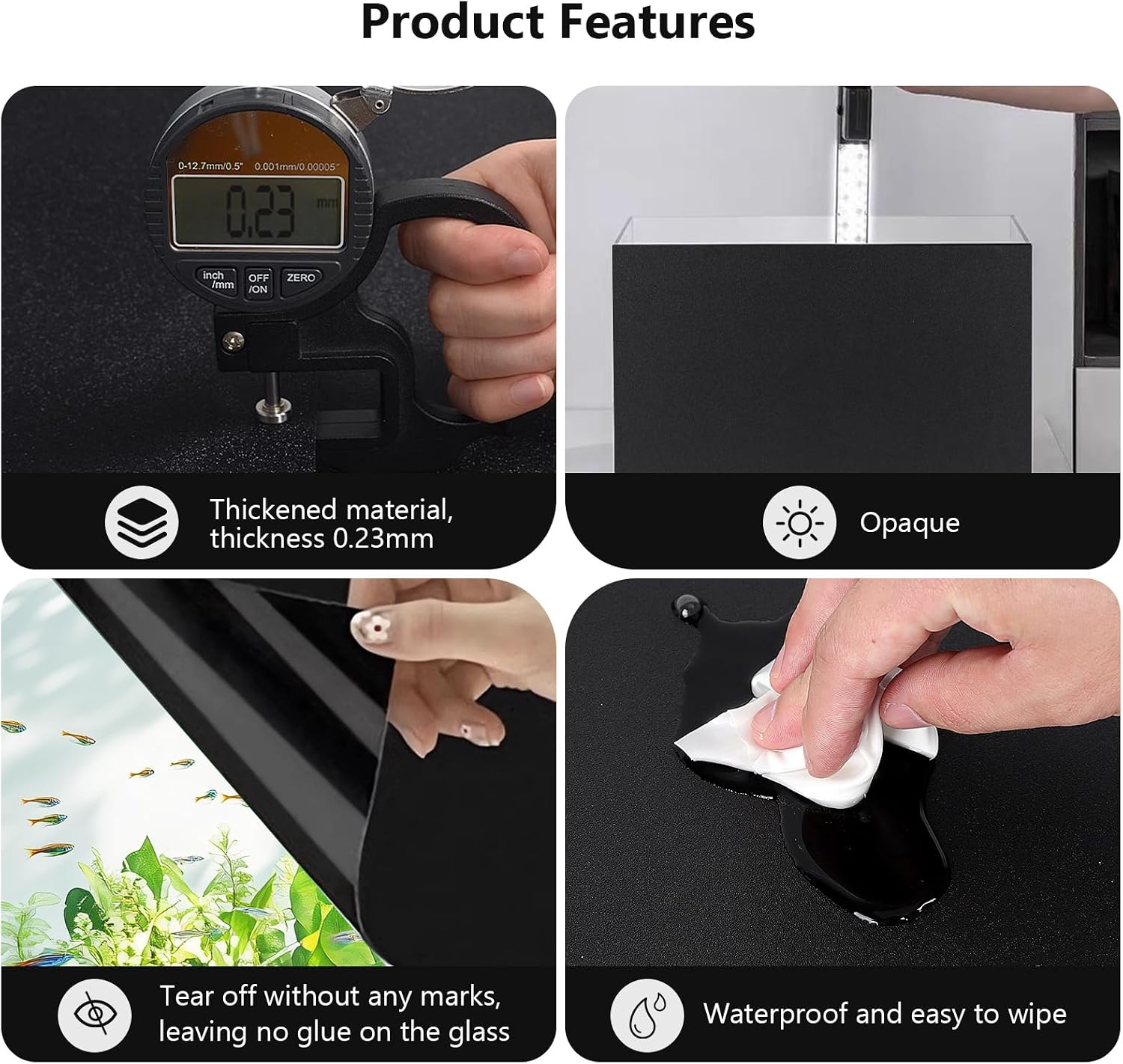 Black electrostatic fish tank backdrop showing glue free installation process