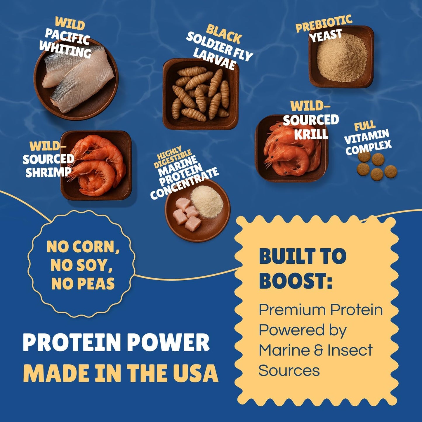 Perky Fins Betta Boost Pops nutritional label showing marine and insect protein ingredients.
