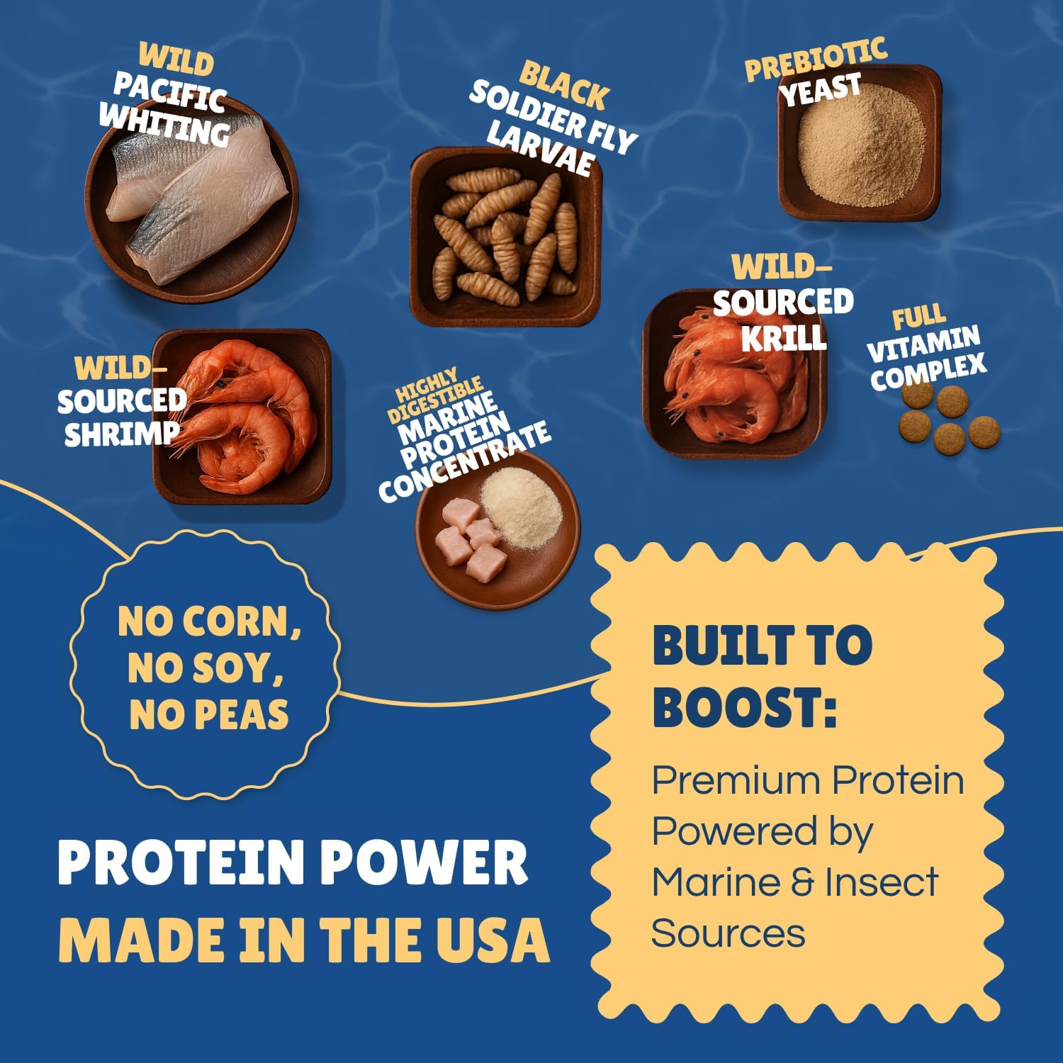 Perky Fins Betta Boost Pops nutritional label showing marine and insect protein ingredients.