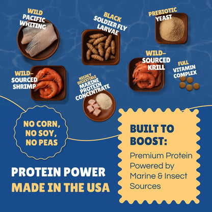 Perky Fins Betta Boost Pops nutritional label showing marine and insect protein ingredients.