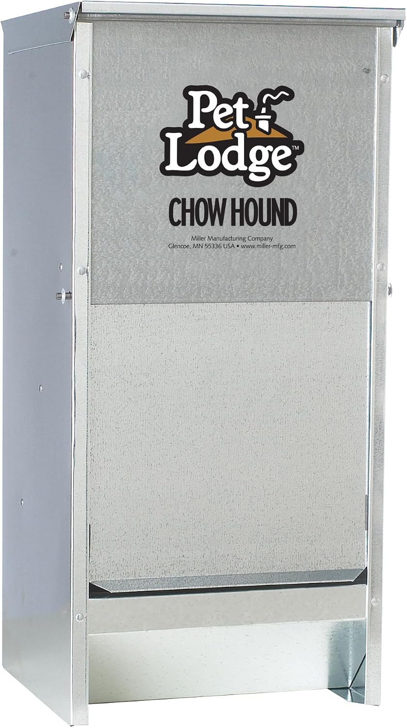 Pet Lodge automatic steel feeder loaded with dry dog kibble for large breeds.