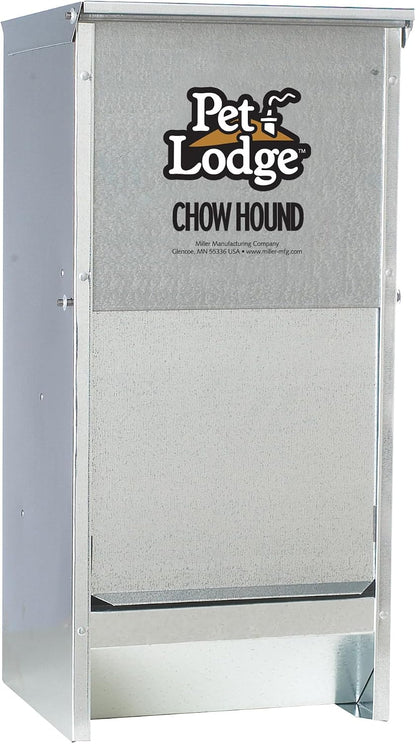 Pet Lodge automatic steel feeder loaded with dry dog kibble for large breeds.
