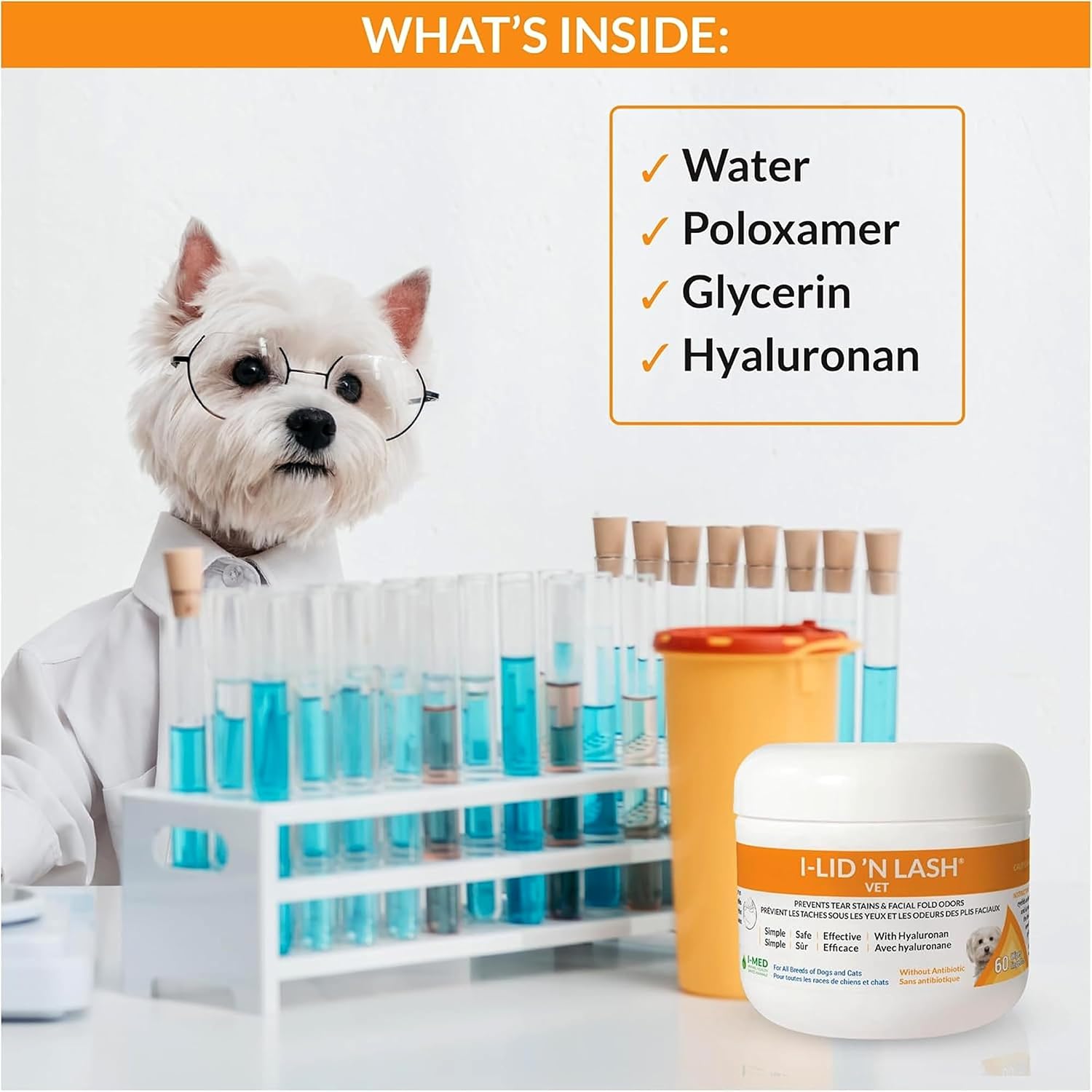 Premium hyaluronan pet eye wipes container showing ingredient checklist
