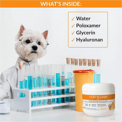 Premium hyaluronan pet eye wipes container showing ingredient checklist