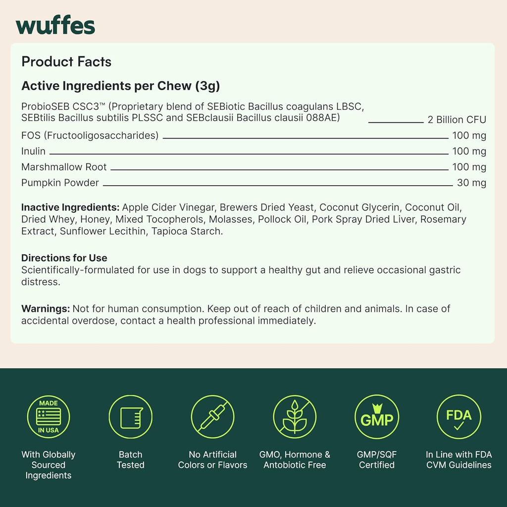 Premium Wuffes probiotic chews for canine digestive support