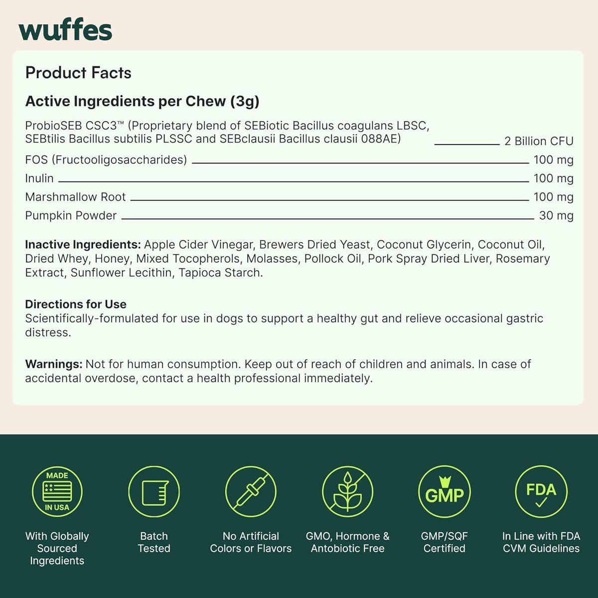 Premium Wuffes probiotic chews for canine digestive support