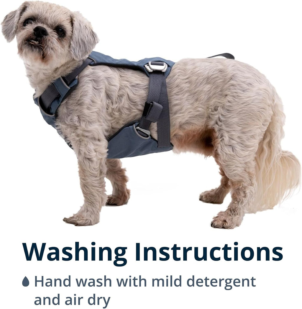 Ruffwear harness in slate blue displayed on a flat surface