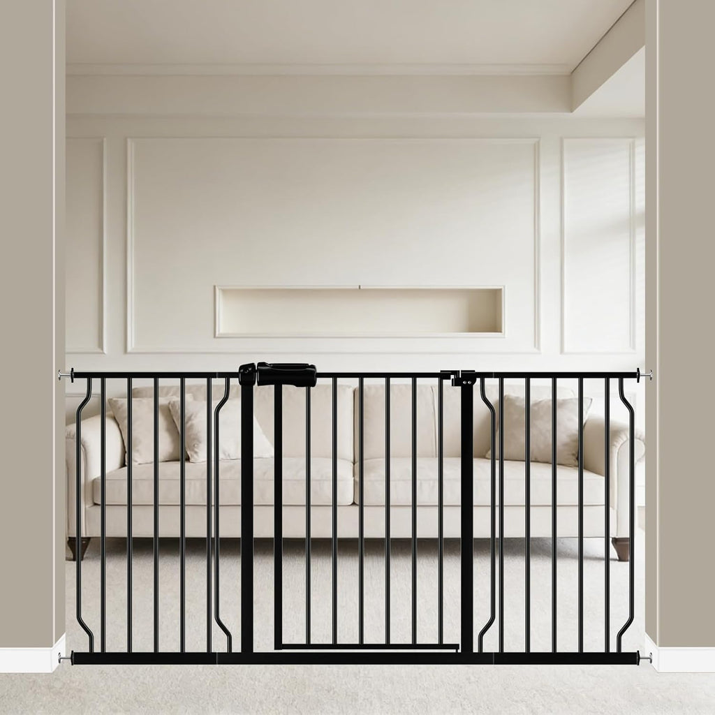 WAOWAO extra wide baby gate front view installed in a wide hallway doorway.