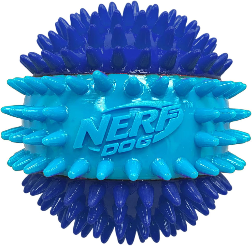 Nerf Dog blue squeaky dog ball showcasing durable thermoplastic rubber material