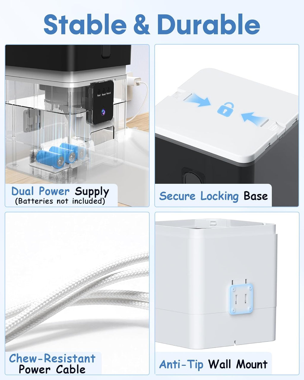 Wnfuo smart pet food dispenser side view detailing the dual power supply backup system